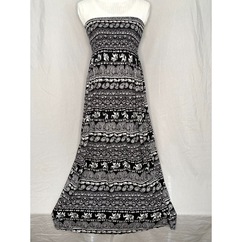 💎Allison Brittney Womens Black White Elephant Print Strapless Maxi Dress
